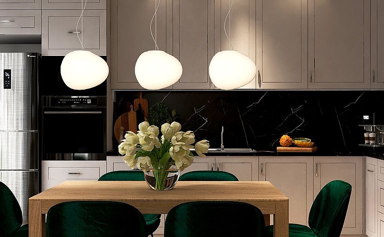 salon z aneksem w szarości i zieleniach