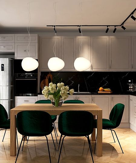 salon z aneksem w szarości i zieleniach