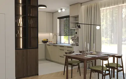 Wnętrze kuchni z minimalistycznym i tradycyjnym stylem, drewniany stół i nowoczesne meble.
