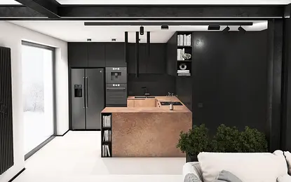 Nowoczesna kuchnia w stylu industrialnym z drewnianym blatem i czarnymi akcentami.