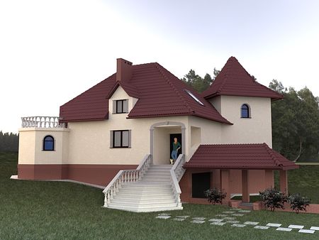 Widok domu z czerwonym dachem, białymi ścianami i ogrodem w stylu tradycyjnym.