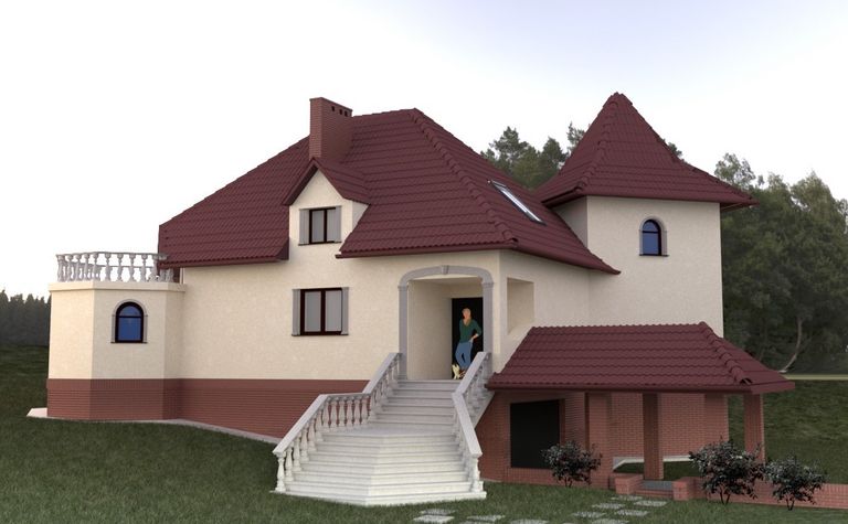 Widok domu z czerwonym dachem, białymi ścianami i ogrodem w stylu tradycyjnym.