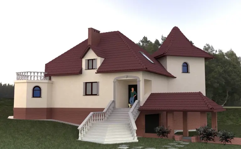 Widok domu z czerwonym dachem, białymi ścianami i ogrodem w stylu tradycyjnym.