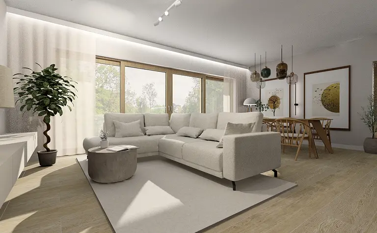 Wnętrze salonu w stylu boho i skandynawskim z beżową sofą.