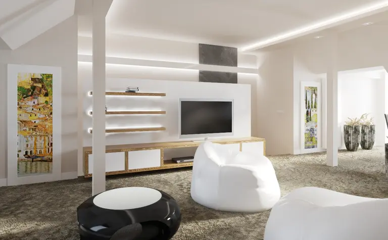 Wnętrze salonu w stylu minimalistycznym z białymi meblami i drewnianymi detalami.