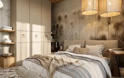 Sypialnia w stylu rustykalnym z beżowym łóżkiem i drewnianymi detalami.