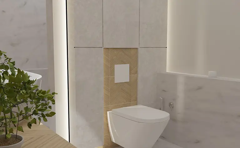 Nowoczesna łazienka w stylu boho z jasnymi płytkami, drewnianymi detalami i rośliną.
