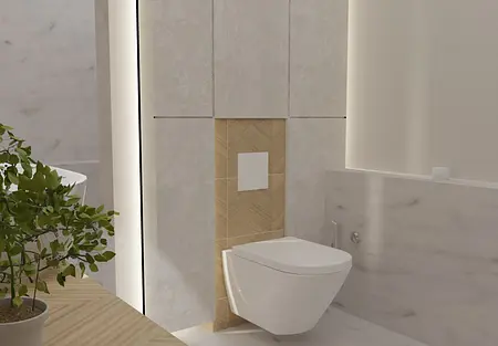 Nowoczesna łazienka w stylu boho z jasnymi płytkami, drewnianymi detalami i rośliną.
