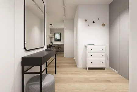 Przedpokój w stylu minimalistycznym z białymi meblami, lustrem i drewnianą podłogą.