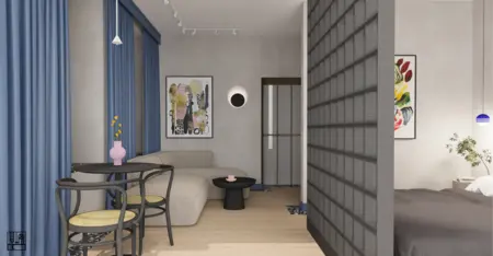 Wnętrze z elementami art deco, glamour i industrialnym, z niebieskimi zasłonami.