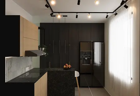 Kuchnia w stylu industrialnym z drewnianymi meblami i minimalistycznym wykończeniem.