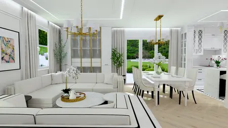 Eleganckie wnętrze salonu z białą sofą, stołem jadalnym i nowoczesnymi lampami.