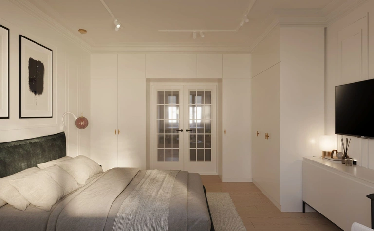 Sypialnia w stylu eklektycznym z nowoczesnym łóżkiem i detalami quiet luxury.