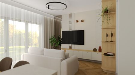 Wnętrze salonu z białą sofą oraz drewnianymi elementami, minimalistyczny, nowoczesny.