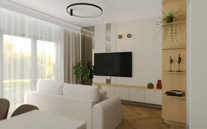 Wnętrze salonu z białą sofą oraz drewnianymi elementami, minimalistyczny, nowoczesny.
