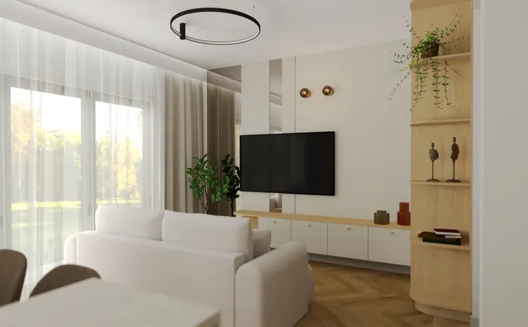 Wnętrze salonu z białą sofą oraz drewnianymi elementami, minimalistyczny, nowoczesny.