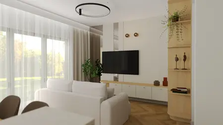 Wnętrze salonu z białą sofą oraz drewnianymi elementami, minimalistyczny, nowoczesny.