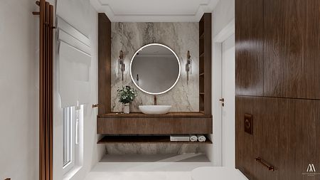 Wnętrze łazienki z drewnianymi elementami, okrągłym lustrem i minimalistycznym stylem.