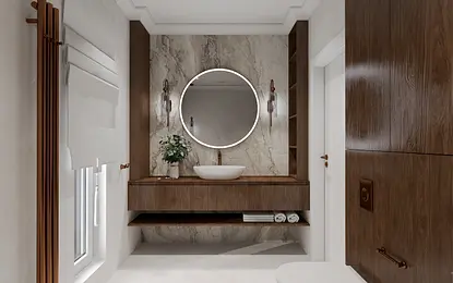 Wnętrze łazienki z drewnianymi elementami, okrągłym lustrem i minimalistycznym stylem.