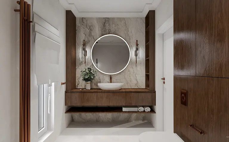 Wnętrze łazienki z drewnianymi elementami, okrągłym lustrem i minimalistycznym stylem.
