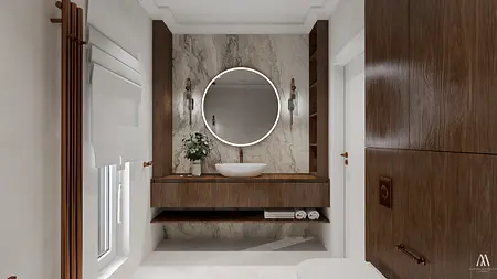Wnętrze łazienki z drewnianymi elementami, okrągłym lustrem i minimalistycznym stylem.