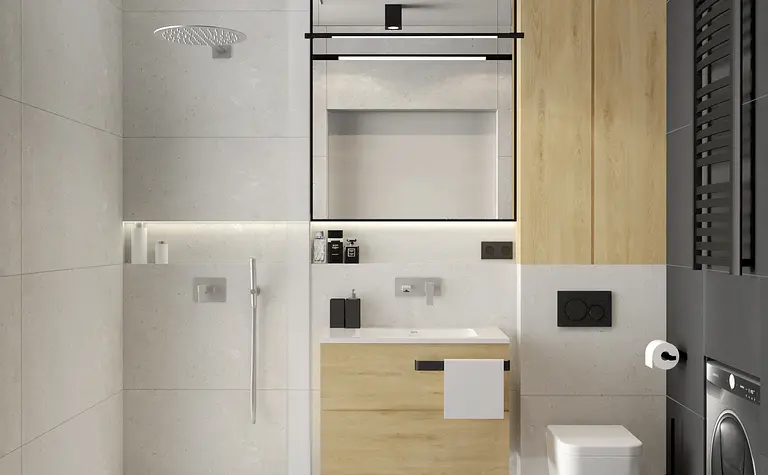 Nowoczesna łazienka w stylu art deco i boho z drewnianymi elementami.