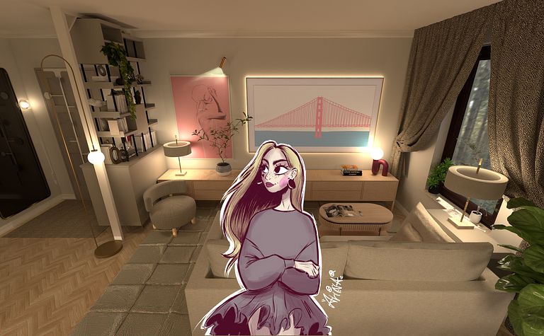 Wnętrze salonu w stylu dopamine decor, skandynawskim i japandi z roślinami.