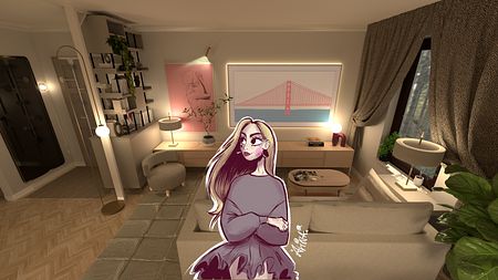 Wnętrze salonu w stylu dopamine decor, skandynawskim i japandi z roślinami.