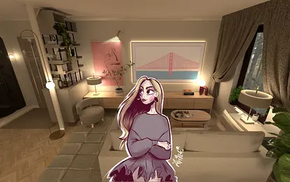 Wnętrze salonu w stylu dopamine decor, skandynawskim i japandi z roślinami.