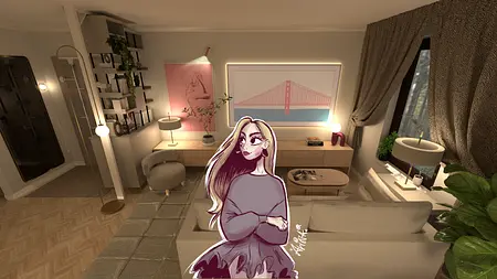 Wnętrze salonu w stylu dopamine decor, skandynawskim i japandi z roślinami.
