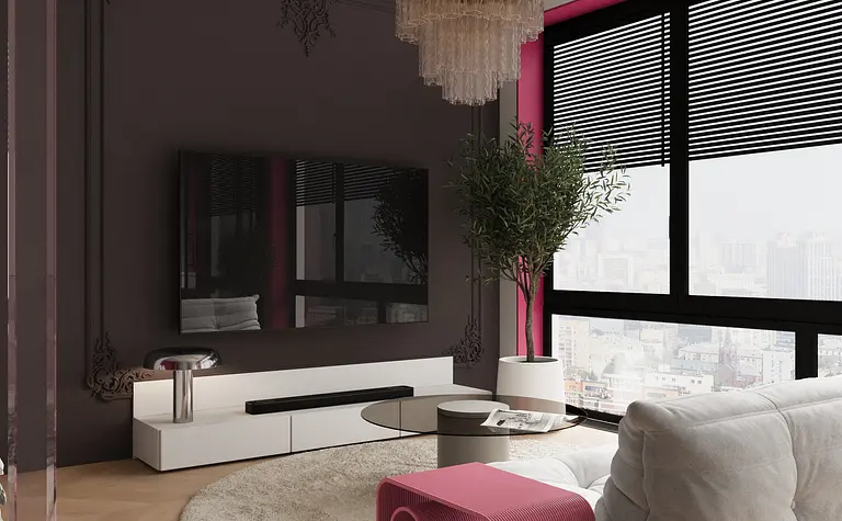 Wnętrze salonu eklektycznego z glamour, nowoczesnym wystrojem, jasną sofą i różowymi detalami.