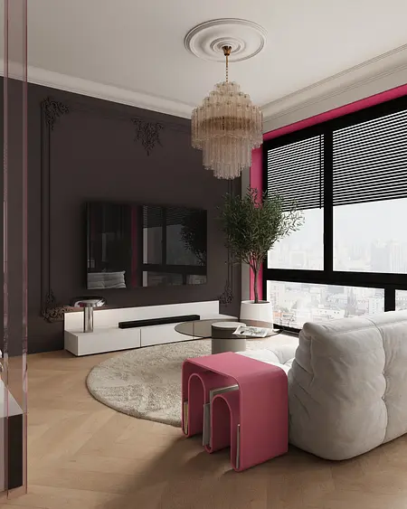 Wnętrze salonu eklektycznego z glamour, nowoczesnym wystrojem, jasną sofą i różowymi detalami.