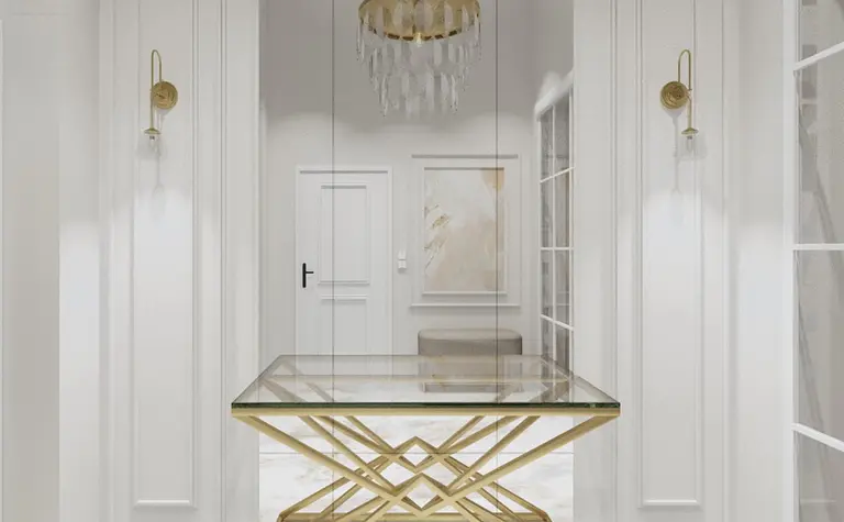 Przedpokój z nowoczesnym oświetleniem i glamour stołem