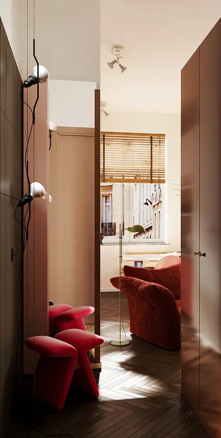 Przedpokój w stylu eklektycznym z czerwonymi stołkami i minimalistycznym oświetleniem.