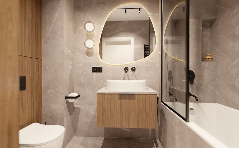 Nowoczesna łazienka w stylu glamour z drewnem i minimalistycznymi akcentami.