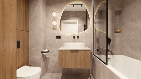 Nowoczesna łazienka w stylu glamour z drewnem i minimalistycznymi akcentami.