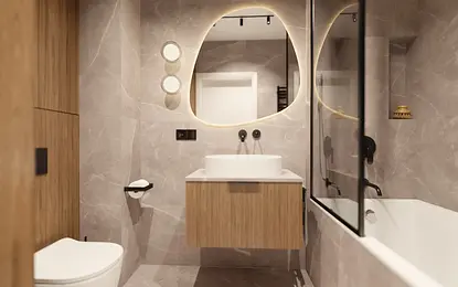 Nowoczesna łazienka w stylu glamour z drewnem i minimalistycznymi akcentami.