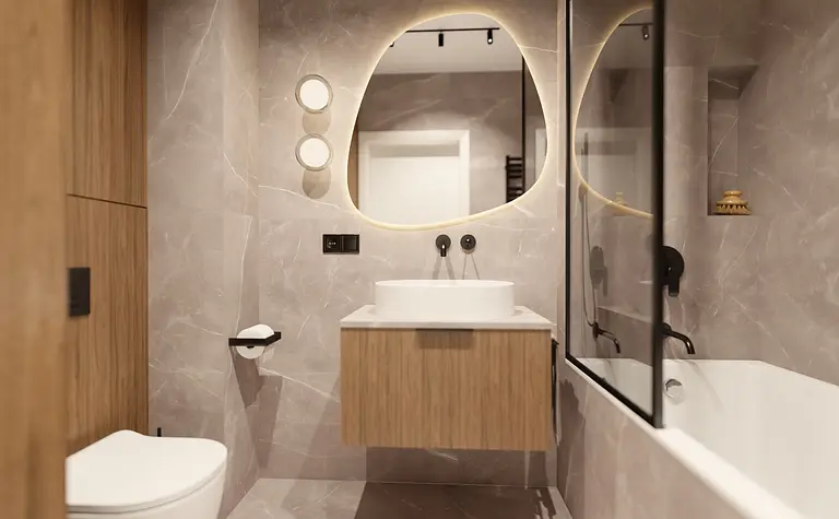 Nowoczesna łazienka w stylu glamour z drewnem i minimalistycznymi akcentami.