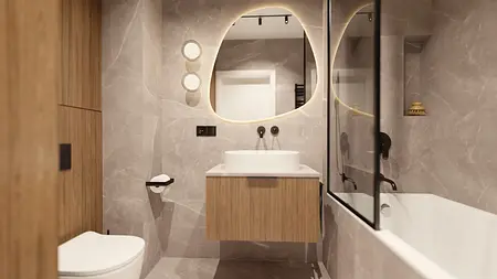 Nowoczesna łazienka w stylu glamour z drewnem i minimalistycznymi akcentami.