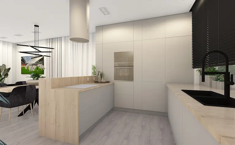 Wnętrze kuchni z drewnianymi elementami, nowoczesnymi meblami i roślinami, styl industrialny.