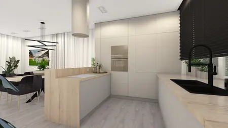 Wnętrze kuchni z drewnianymi elementami, nowoczesnymi meblami i roślinami, styl industrialny.