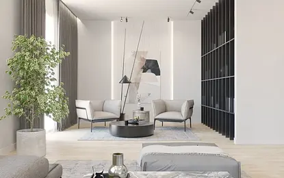 Wnętrze salonu w stylu minimalistycznym z nowoczesnymi meblami i rośliną.