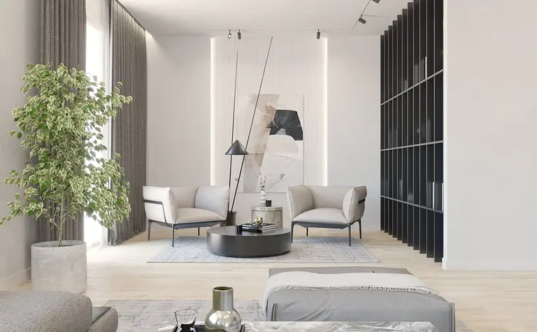 Wnętrze salonu w stylu minimalistycznym z nowoczesnymi meblami i rośliną.