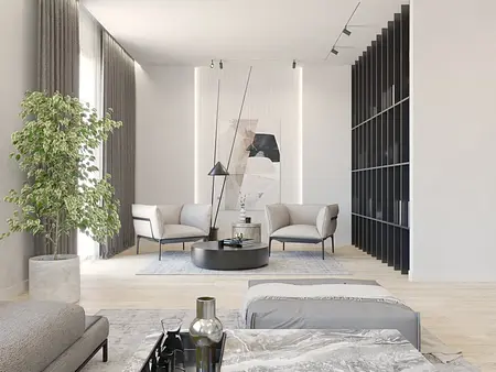 Wnętrze salonu w stylu minimalistycznym z nowoczesnymi meblami i rośliną.
