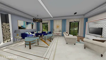 Wnętrze salonu w stylu art deco i nowoczesnym z niebieską sofą.