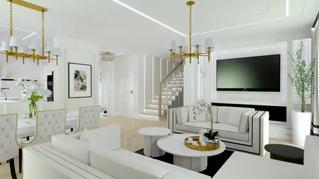 Wnętrze salonu w stylu glamour z białymi meblami i złotymi detalami.