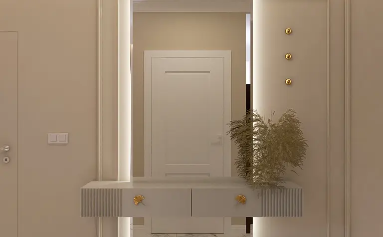 Nowoczesny korytarz z lustrem, elegancką konsolą i rośliną.