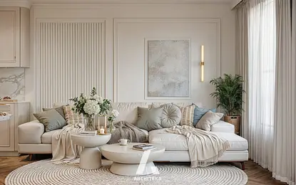 Wnętrze salonu w stylu quiet luxury i minimaluxe z beżową sofą, roślinami i dekoracjami.