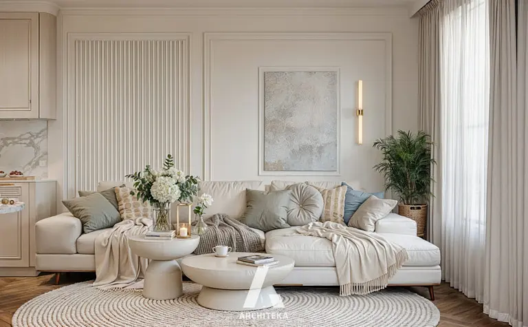 Wnętrze salonu w stylu quiet luxury i minimaluxe z beżową sofą, roślinami i dekoracjami.