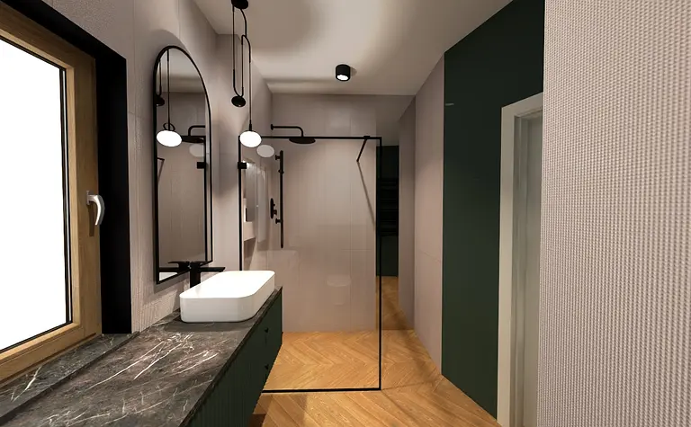 Nowoczesna łazienka z zielonymi ścianami, dużym lustrem i elegancką umywalką w stylu eklektycznym.